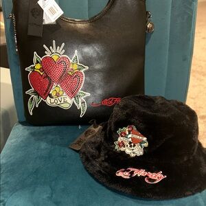 Ed Hardy Black Set with Red Heart and Skull Design Bag/ Hat NWT